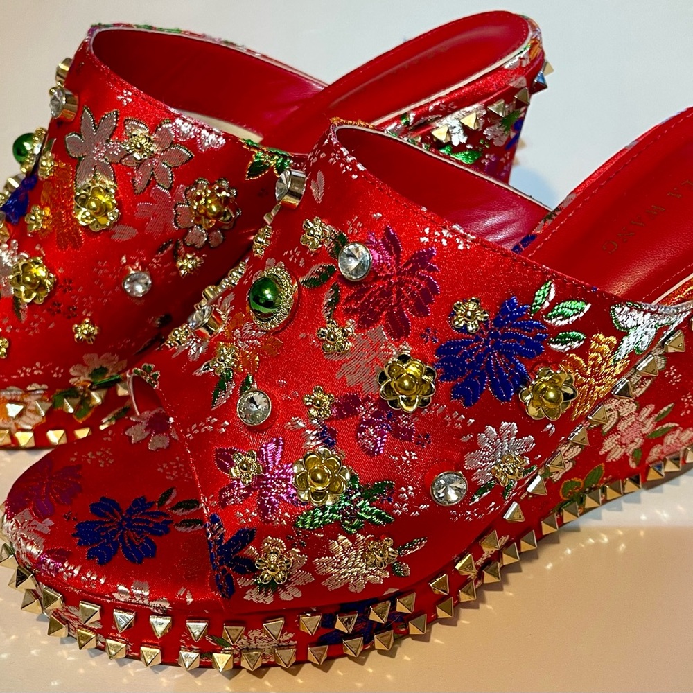 Azalea Wang Demeter 10 Rhinestone Embellished Red Platform Wedge Heels sandal